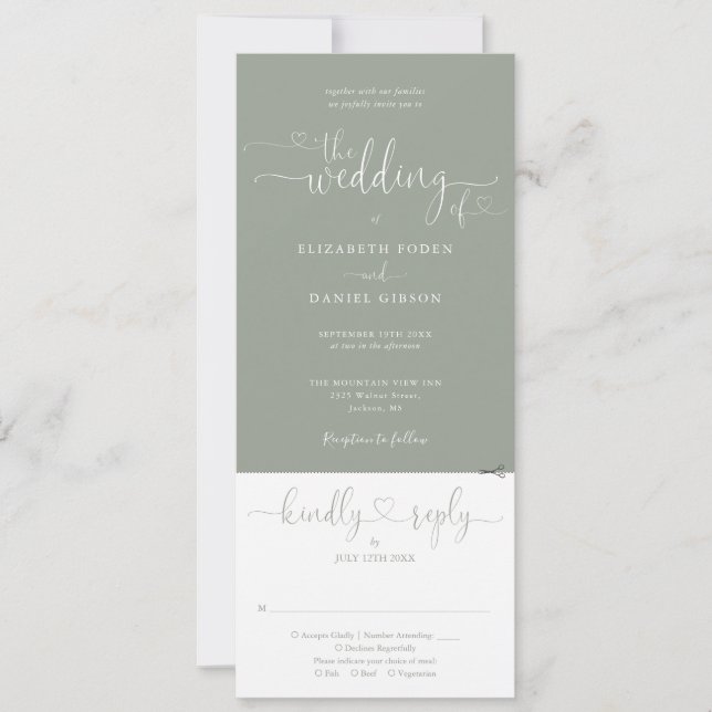 Heart Script Sage Green All In One Wedding Invitation (Front)