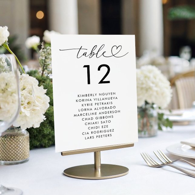 Heart Script Seating Chart Names Minimal Wedding Table Number (Creator Uploaded)