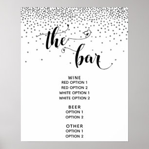 Heart Script & Silver Confetti "The Bar" Menu Sign