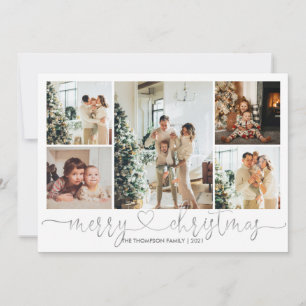 Heart Script Silver Grey Merry Christmas 5 Photo Holiday Card