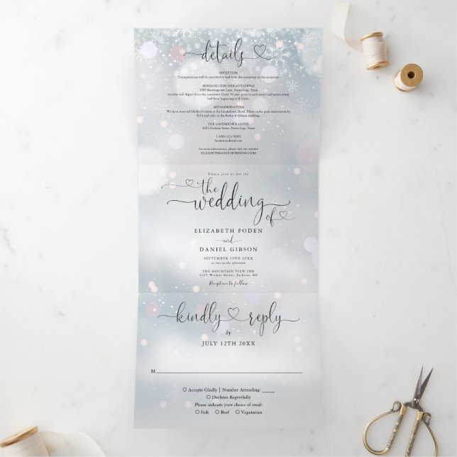 Heart Script Snowflakes Winter Wedding Tri-Fold Invitation (Inside)