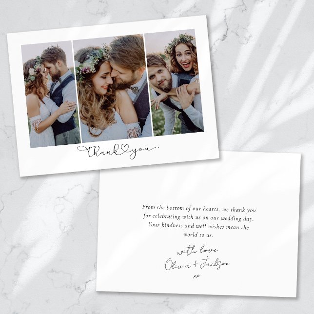 Heart Script Triptych Photo Wedding Thank You Card (Creator Uploaded)