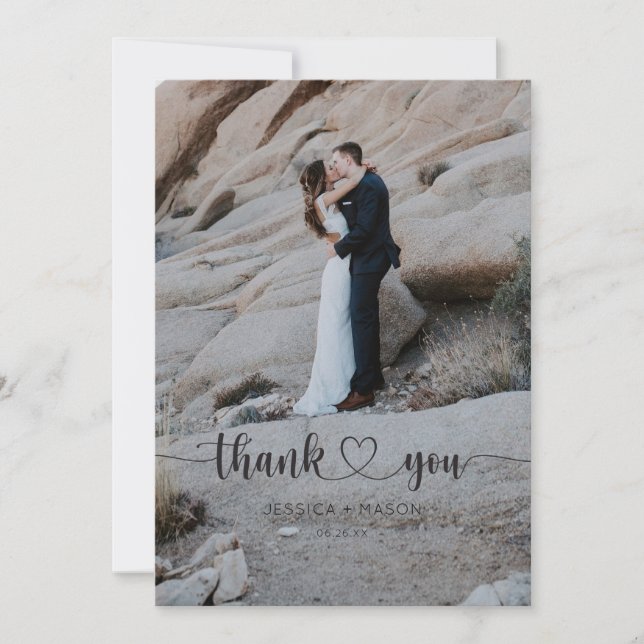 Heart Script Wedding Photo Thank You Card (Front)