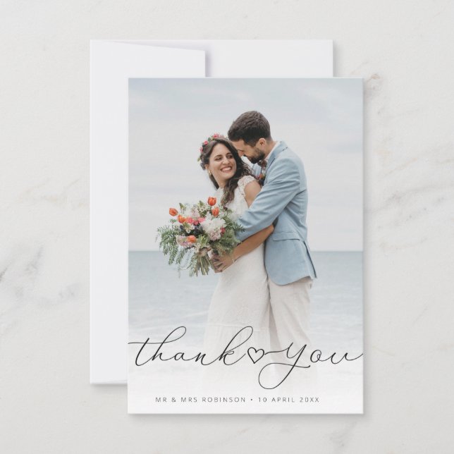  heart script wedding photo thank you card (Front)