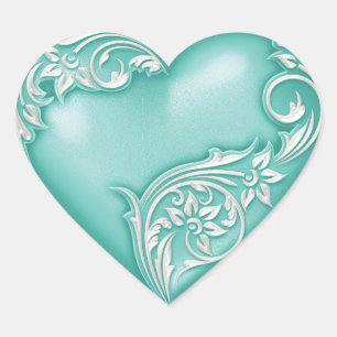 Heart Scroll Aqua w White Heart Sticker