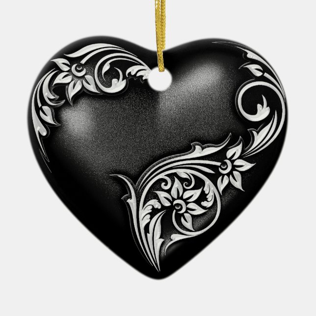 Heart Scroll Black White Ceramic Tree Decoration (Front)