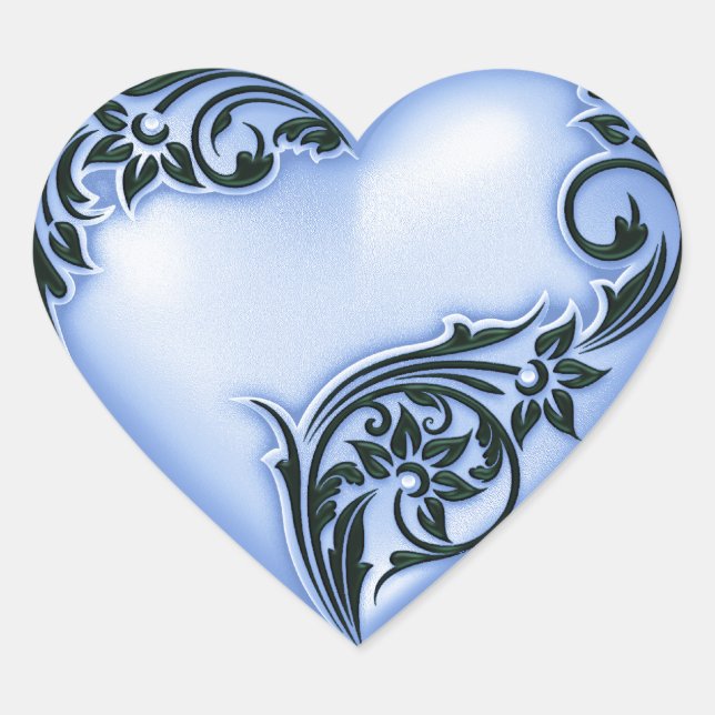 Heart Scroll Cornflower Blue w Black Heart Sticker (Front)