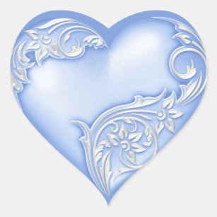 Heart Scroll Cornflower Blue w White Heart Sticker