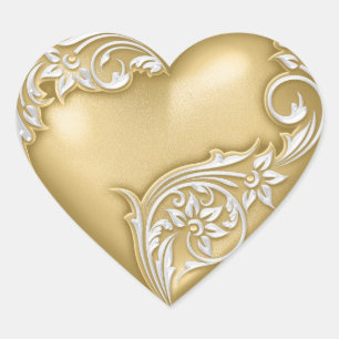 Heart Scroll Gold w White Heart Sticker