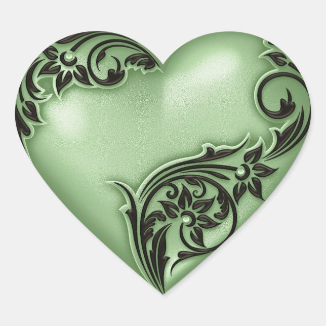 Heart Scroll Green w Black Heart Sticker (Front)