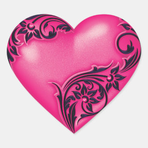 Heart Scroll Hot Pink w Black Heart Sticker