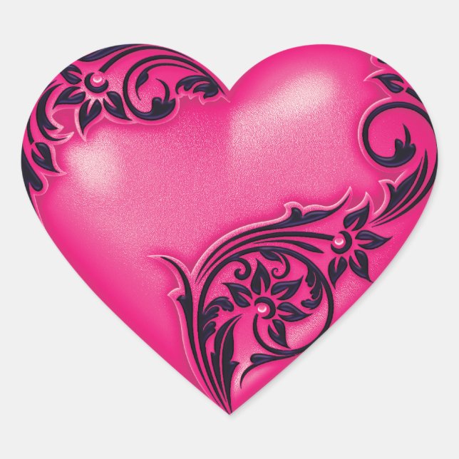 Heart Scroll Hot Pink w Black Heart Sticker (Front)