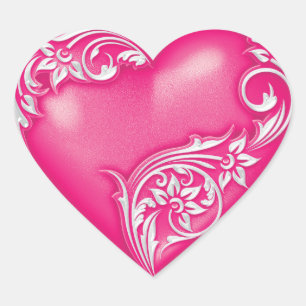 Heart Scroll Hot Pink w White Heart Sticker