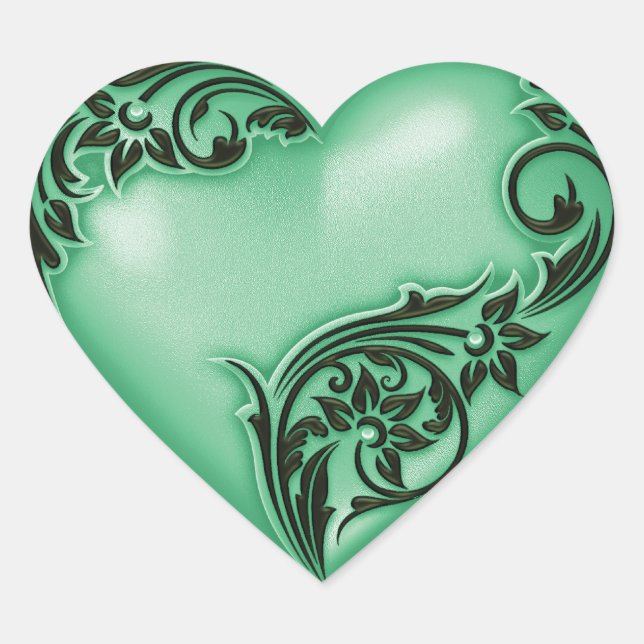 Heart Scroll Jade Green w Black Heart Sticker (Front)