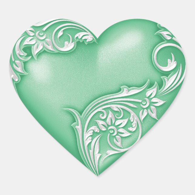 Heart Scroll Jade Green w White Heart Sticker (Front)