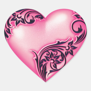 Heart Scroll Light Hot Pink w Black Heart Sticker