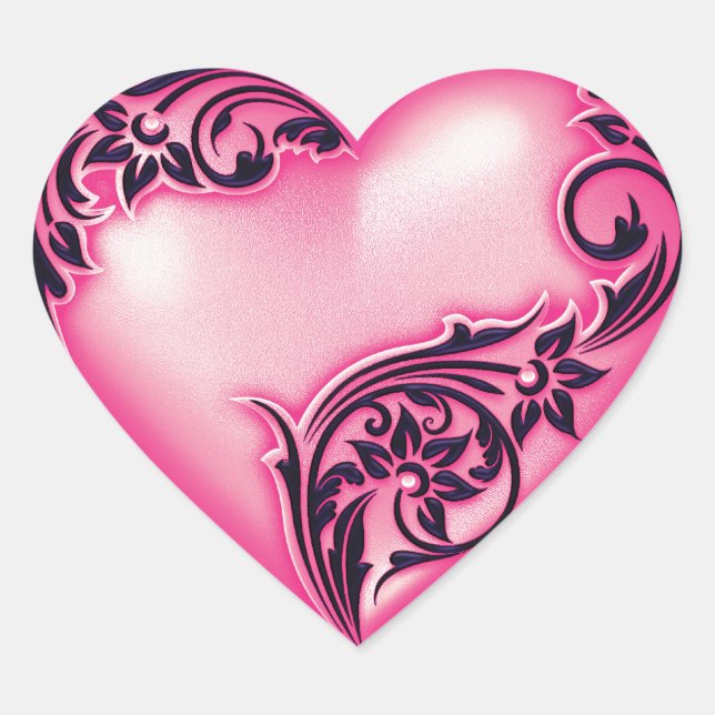 Heart Scroll Light Hot Pink w Black Heart Sticker (Front)
