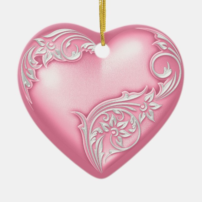 Heart Scroll Pink w White Ceramic Tree Decoration (Front)
