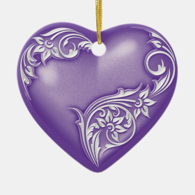 Heart Scroll Purple w White Ceramic Tree Decoration (Front)