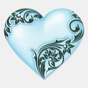 Heart Scroll Sky Blue w Black Heart Sticker