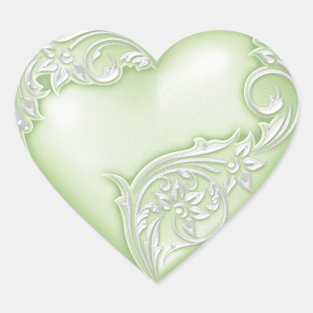 Heart Scroll Soft Green w White Heart Sticker (Front)