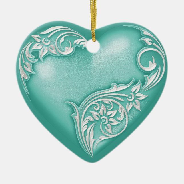 Heart Scroll Turquoise w White Ceramic Tree Decoration (Front)
