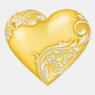 Heart Scroll Yellow w White Sticker