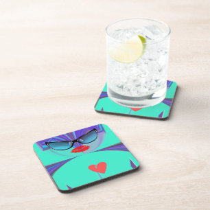 Heart Selfie Whimsical Portrait Teal Background Co Coaster