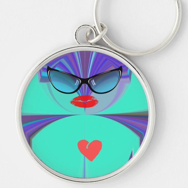 Heart Selfie Whimsical Portrait Teal Background Ke Key Ring (Front)