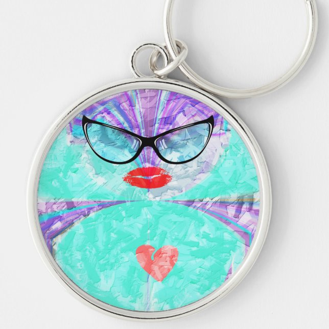 Heart Selfie Whimsical Portrait Teal Background Ke Key Ring (Front)