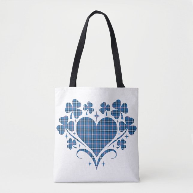 Heart Shamrock Plaid Blue Classic Clover Tote Bag (Front)