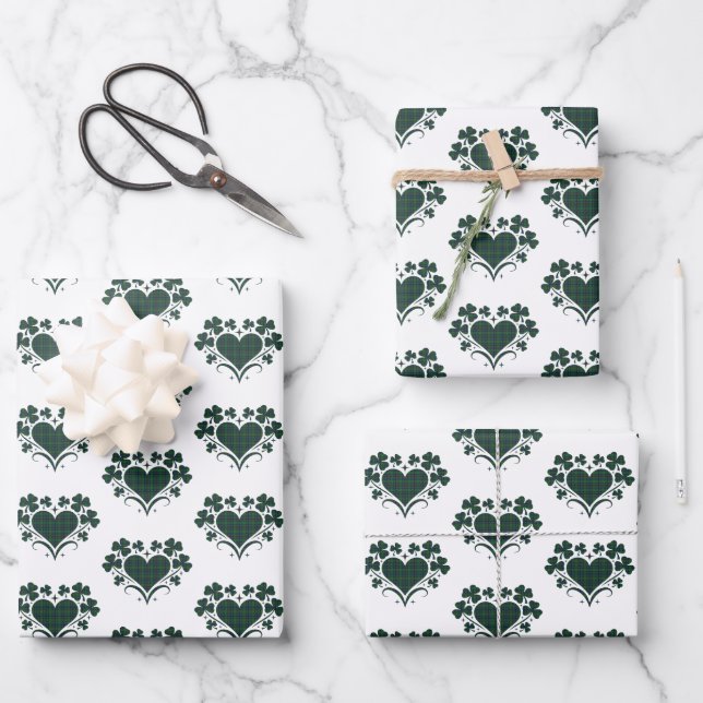 Heart Shamrock Plaid Blue Green Tartan Clover Wrapping Paper Sheet (Front)