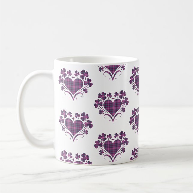 Heart Shamrock Plaid Purple Teal Tartan Clover Coffee Mug (Left)