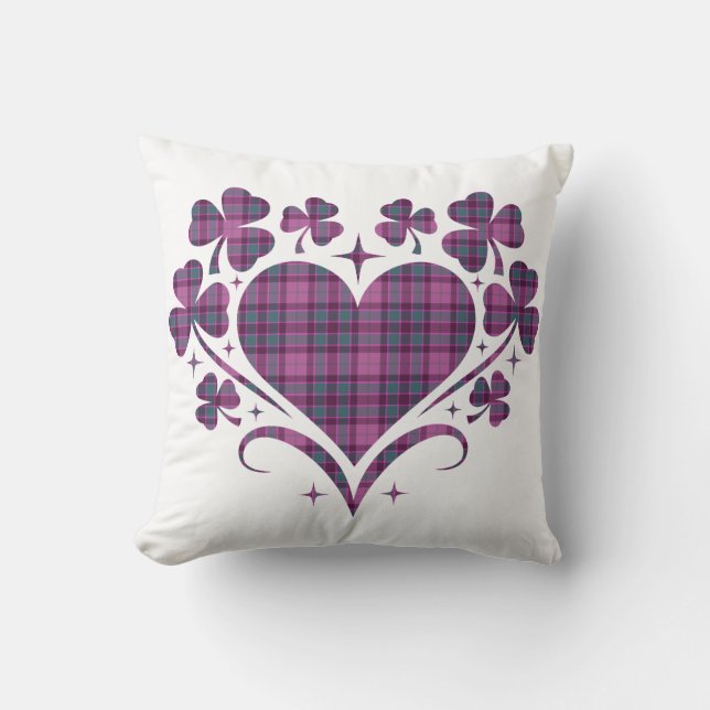 Heart Shamrock Plaid Purple Teal Tartan Clover Cushion (Front)