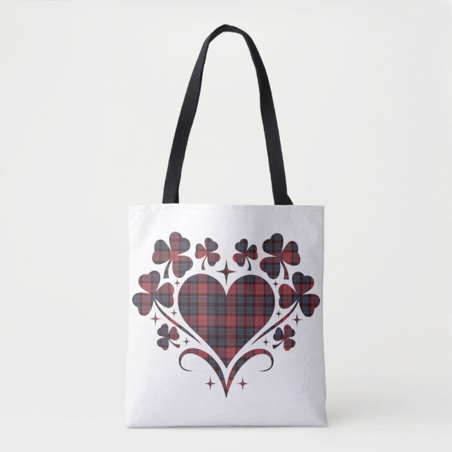 Heart Shamrock Plaid Red Blue Tartan Clover Tote Bag (Front)