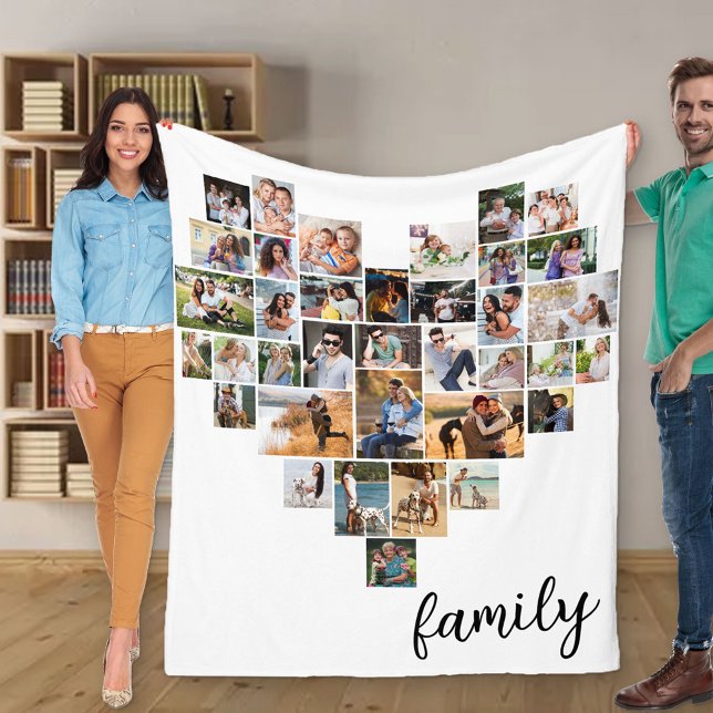Heart Shape 36 Photo Collage Family Script White Fleece Blanket (Creator Uploaded)