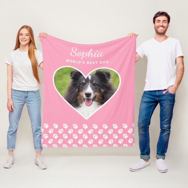 Heart Shape Custom Pet Photo On Pink & Text Fleece Blanket (In Situ)