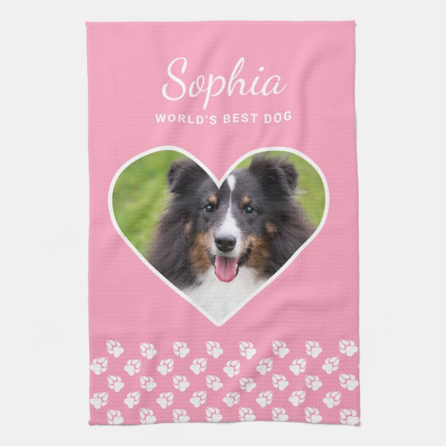 Heart Shape Custom Pet Photo On Pink & Text Tea Towel (Vertical)