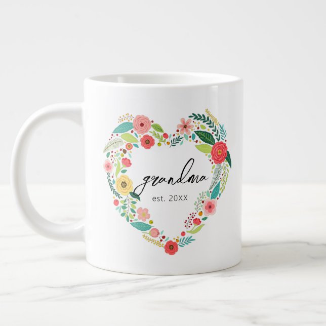 Heart Shape Flowers Grandma Est Large Coffee Mug (Left)