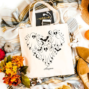 Heart Shape Ghost & Bats Illustration Halloween Tote Bag