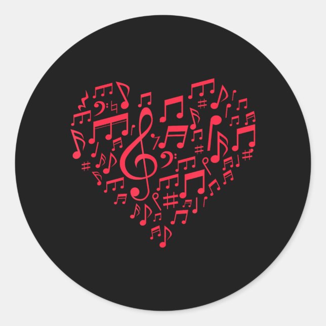 Heart Shape Musical Notes Music Lovers Valentines Classic Round Sticker (Front)