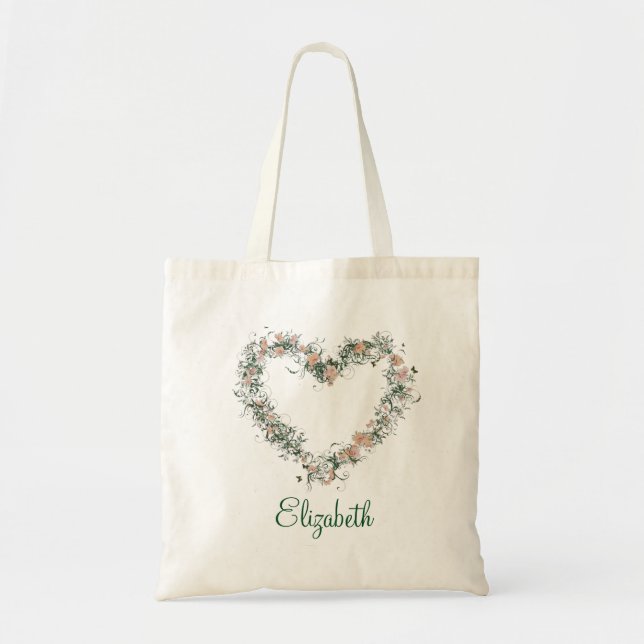 Heart Shape of Swirl Floral Personalised Tote Bag (Front)