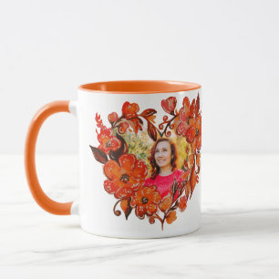 Heart Shape Orange Red Floral Photo Frame Mug