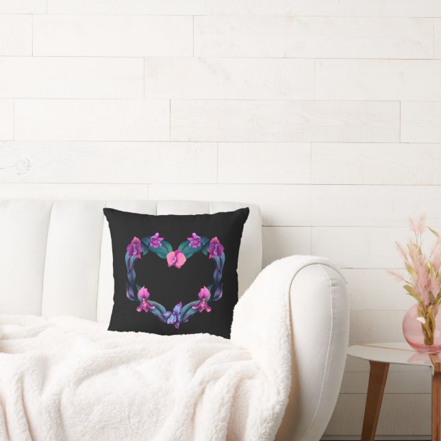 Heart Shape Orchid Black Pillow (Couch)