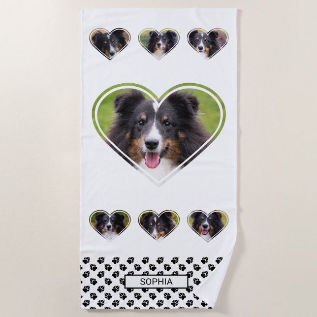 Heart Shape Pet Photo Templates With Paws & Name Beach Towel (Front)