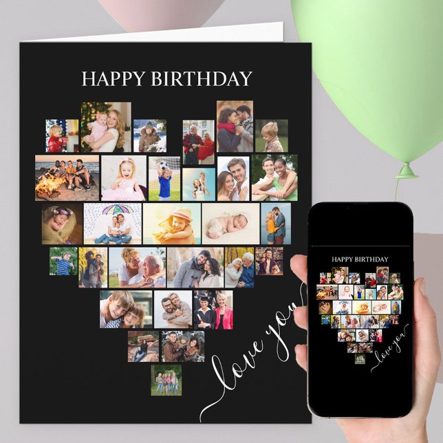 Heart Shape Photo Collage Love Script Birthday Card (Creator Uploaded)