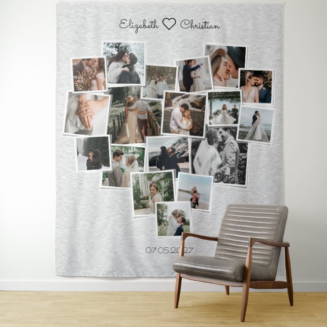 Heart Shape Photo Collage Lovely Wedding Backdrop Tapestry (In Situ)
