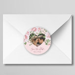 Heart shape photo modern script wedding date classic round sticker<br><div class="desc">Romantic couple custom heart photo pink wedding save the date sticker with elegant roses and script calligraphy text.         Eady to personalise with your names,  text,  and details. Perfect for an engagement party,  wedding save the date,  wedding date reminder,  seal sticker,  favour gift label.</div>