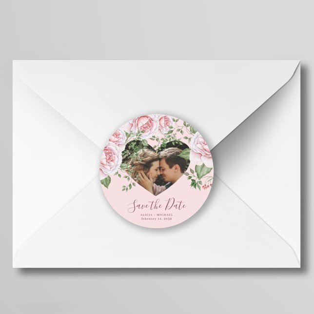 Heart shape photo modern script wedding date classic round sticker (Creator Uploaded)