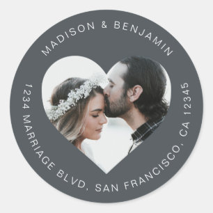 Heart Shape Photo Wedding Return Address Black Classic Round Sticker